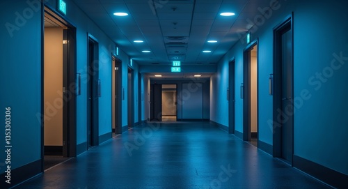 Desolate office hallway with subtle blue night lighting from emergency exits