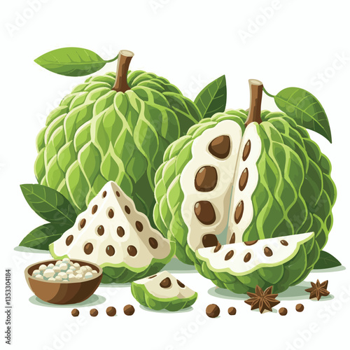 cherimoya, green, fruit, fresh, food, ripe, exotic, sweet, tropical, organic, custard, background, healthy, raw, annona, white, custard apple, delicious, tasty, isolated, dessert, seed, half, chirimoy