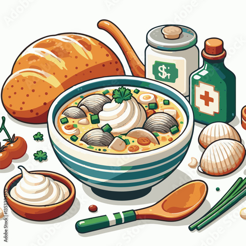 food, delicious, chowder, bowl, soup, clam, seafood, dinner, potato, meal, gourmet, cream, creamy, healthy, lunch, shellfish, fresh, cuisine, parsley, spoon, dish, milk, white, bread, hot, american, b