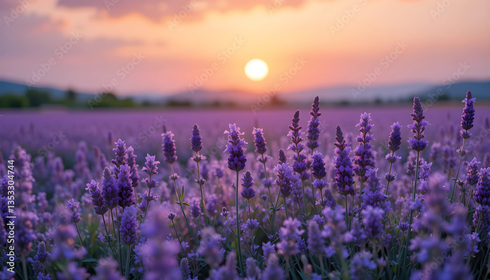 Naklejka premium stunning field of lavender in full bloom during sunset, with a warm golden glow from the horizon blending into the vibrant purple hues of the flowers, creating a serene and picturesque landscape.