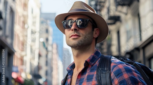 A man wearing a fedora hat and sunglasses on a city street