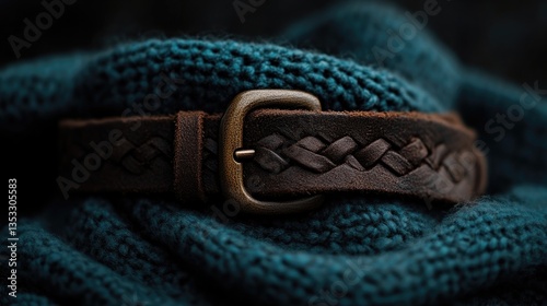 Close-up of a brown braided leather belt resting on a teal knitted fabric