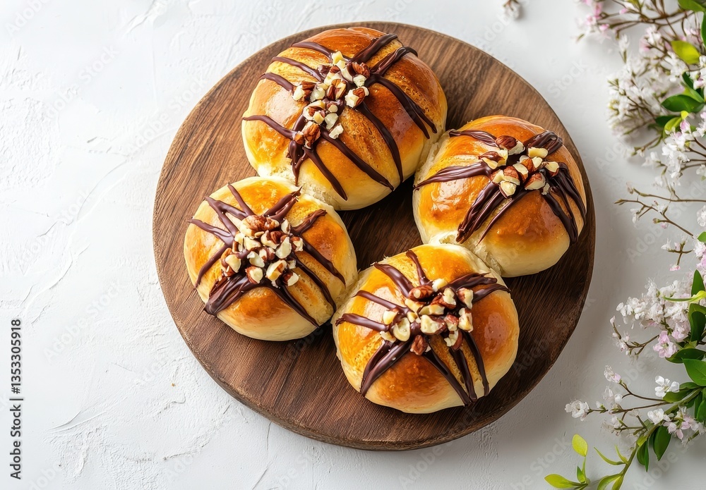 Freshly Baked Buns with Chocolate Drizzle and Nuts on Wooden Plate Surrounded by Beautiful Flowers in a Bright Kitchen Setting Freshly Baked Buns with Chocolate Drizzle and Nuts on Wooden Plate Surrounded by Beautiful Flowers in a Bright Kitchen Setting