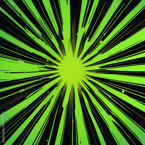 A vibrant green abstract background with a radial burst effect emanating from the center. The design features dynamic streaks and halftone dots, creating a comic book or pop art-inspired aesthetic. 