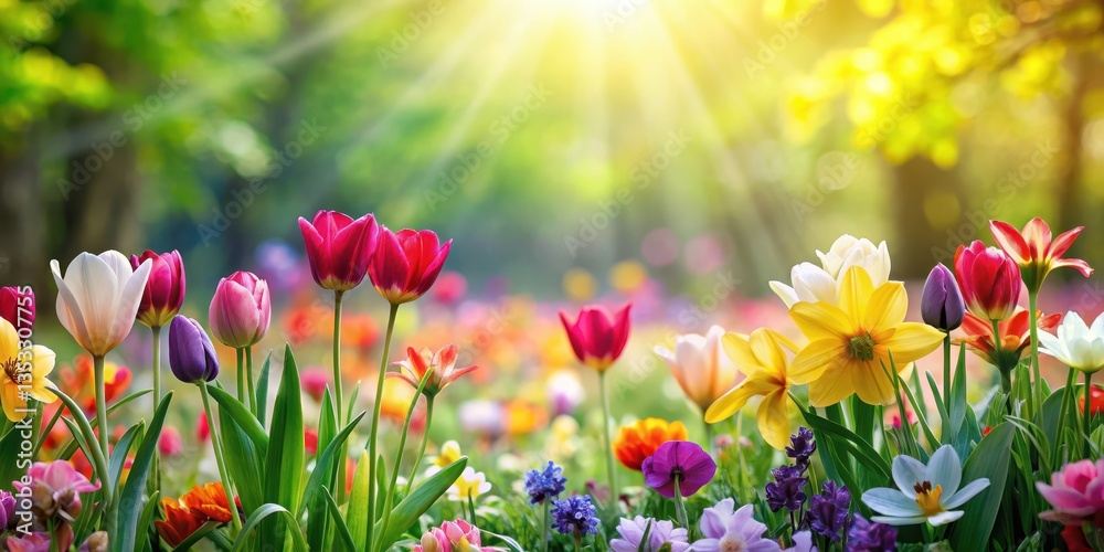 Obraz premium Vibrant spring blooms amidst lush greenery, blooming flowers, spring flowers, blooming flowers