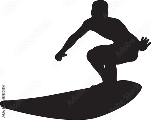 The illustration shows a man surfing in silhouette