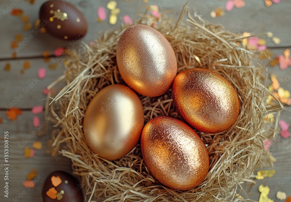 Golden and Bronze Decorative Eggs Nestled in Straw with Colorful Hearts on Wooden Surface for Festive Celebrations and Easter Themes Golden and Bronze Decorative Eggs Nestled in Straw with Colorful Hearts on Wooden Surface for Festive Celebrations and Easter Themes