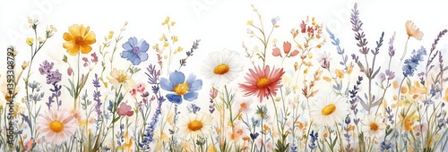 Watercolor Meadow of Wildflowers Daisies Lavender Floral Botanical Illustration