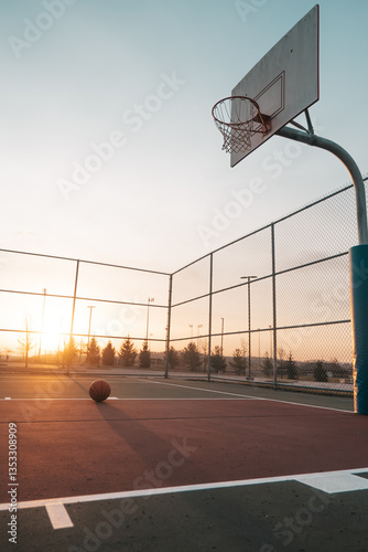 Sunset view of an empty basketball court with a lone basketball