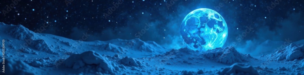Fototapeta premium Icy moon with glowing blue aura and dark space , ambient light, icy surface, moon