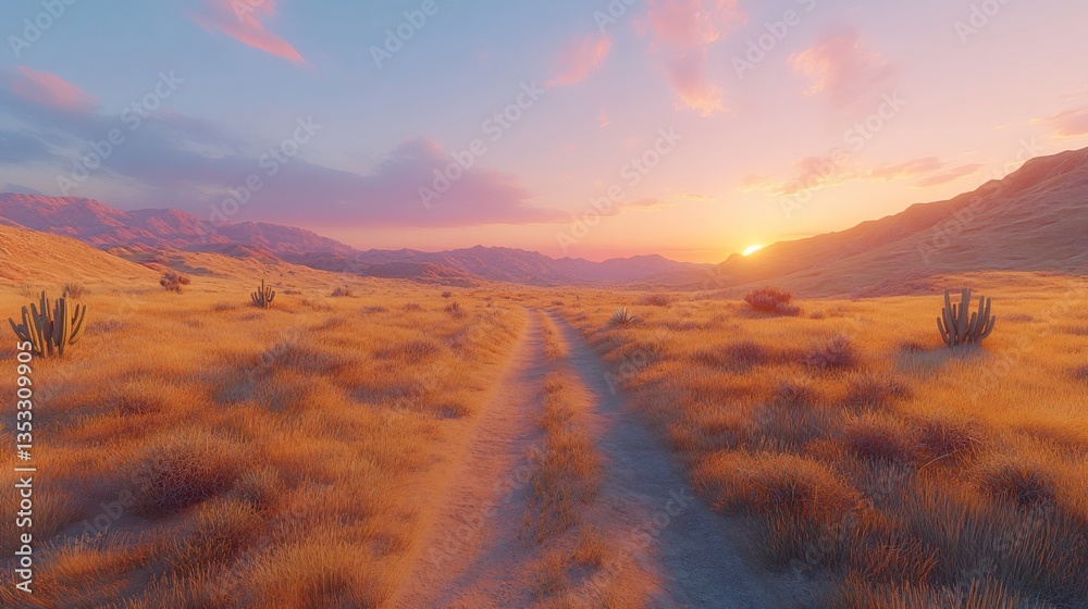 Naklejka premium Desert Path at Sunset: A Serene Journey Through Golden Grasses and Distant Mountains