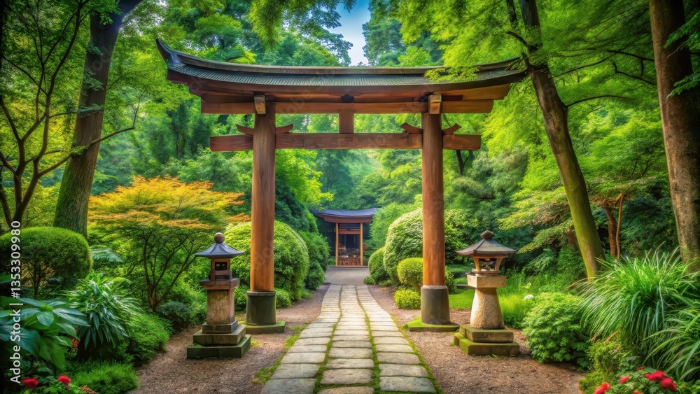 Serene Japanese Shrine with Torii Gates and Lush Greenery, torii gates Serene Japanese Shrine with Torii Gates and Lush Greenery, torii gates