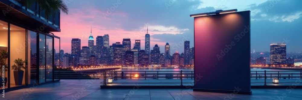 Obraz premium Modern outdoor poster mockup with city skyline background and sleek typography display , modern, advertisement