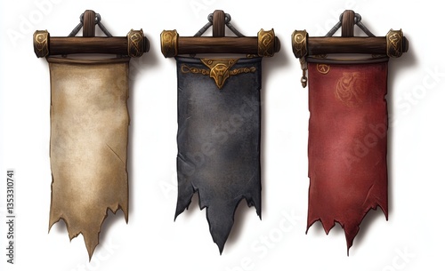 Three tattered banners,  different colors,  wooden mounts photo