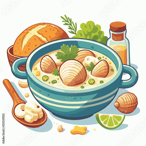 food, delicious, chowder, bowl, soup, clam, seafood, dinner, potato, meal, gourmet, cream, creamy, healthy, lunch, shellfish, fresh, cuisine, parsley, spoon, dish, milk, white, bread, hot, american, b