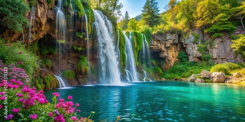 Majestic waterfall cascades down a rocky cliff surrounded by lush greenery and vibrant wildflowers, reflecting perfectly in the calm turquoise lake below, landscape, waterfall