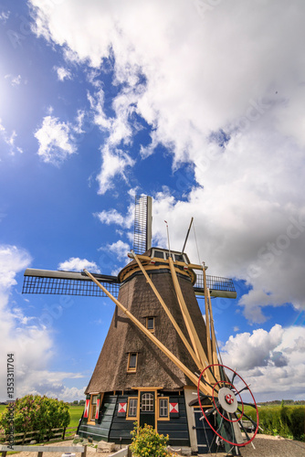 Europe, Netherlands, South Holland, Kinderdijk region. Classic windmill.
