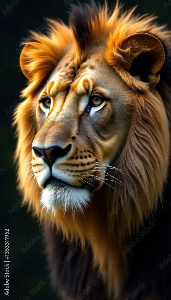 Fototapeta premium Regal lion's face with golden mane and black whiskers, face, golden