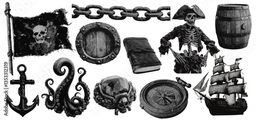 Set of pirate halftone grunge vector design elements