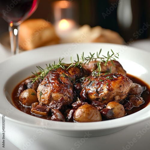A French coq au vin with tender chicken and red wine sauce, isolated on a white table, glowing soft backdrop, positioned to the right, visually inviting for an advertisement.