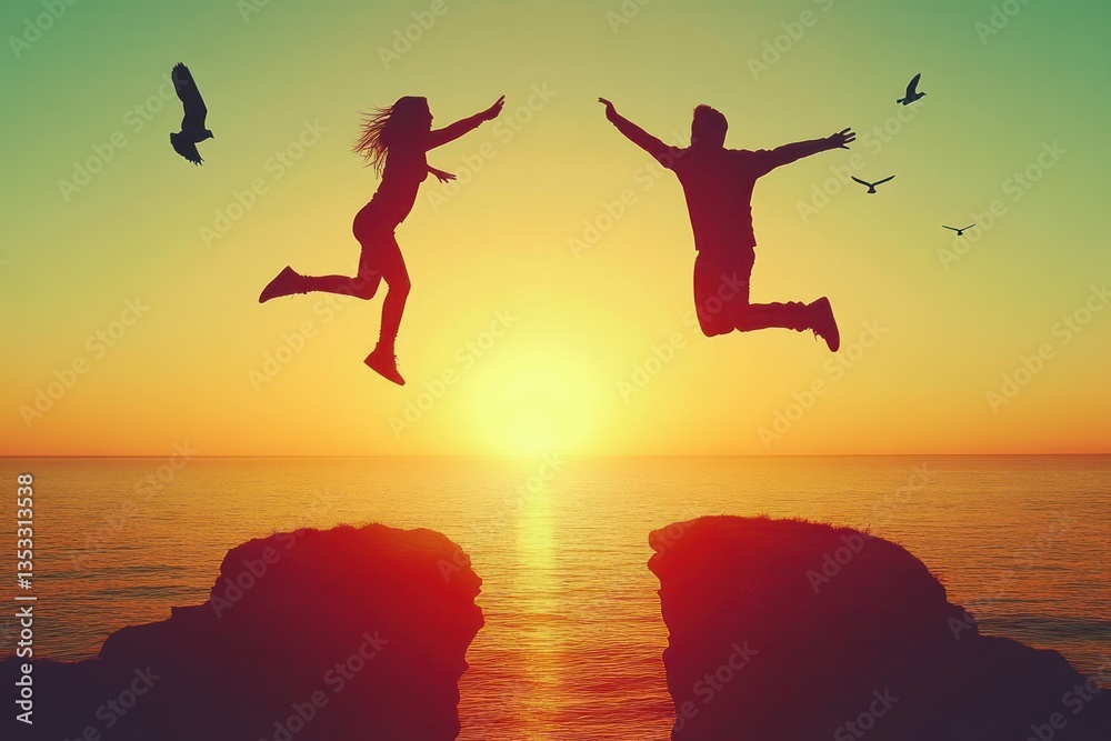 Silhouette of a man jumping between cliffs 2025 2025 at a vibrant tropical sunset beach celebrating freedom and adventure Silhouette of a man jumping between cliffs 2025 2025 at a vibrant tropical sunset beach celebrating freedom and adventure