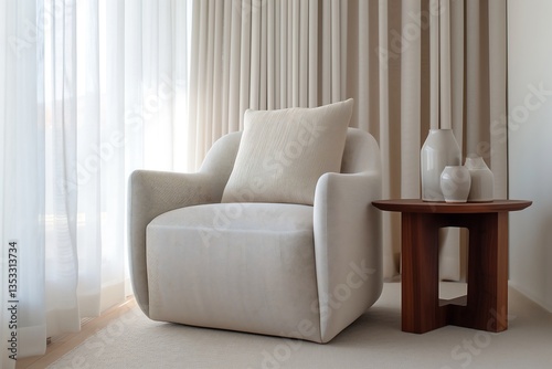A warm and inviting reading nook with a sleek modern armchair, a stylish decorative cushion, and a wooden side table adorned with elegant ceramics. Soft natural light filters through sheer curtains