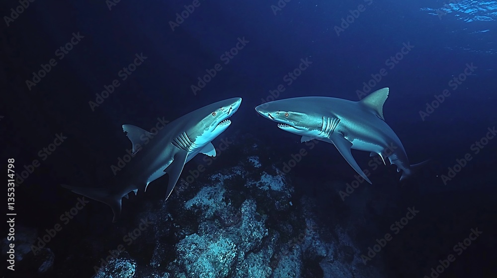 Fototapeta premium Two Sharks Encounter Each Other in Deep Blue Ocean Waters