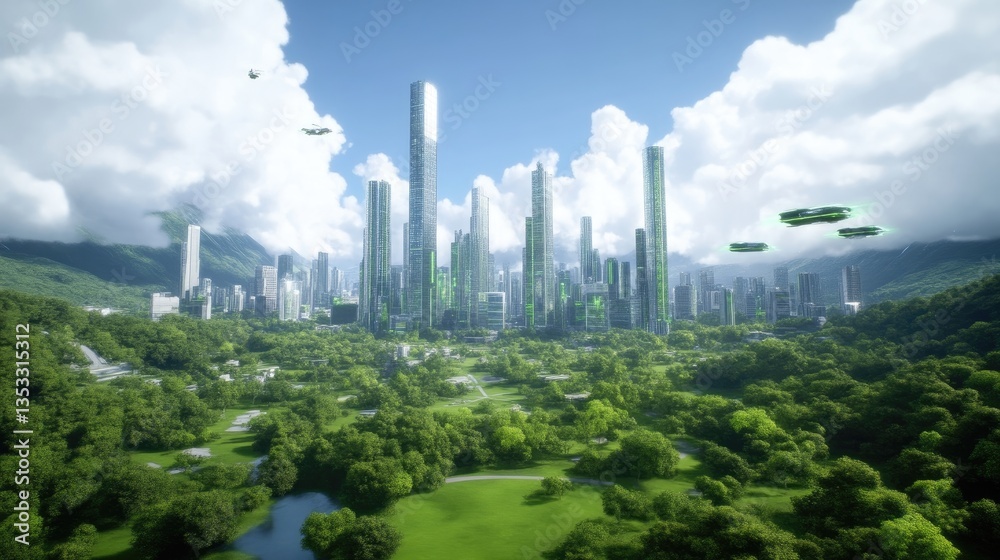 Obraz premium Futuristic city nestled in lush greenery, surrounded by flying vehicles. High-rise buildings with sustainable design, integrated with nature