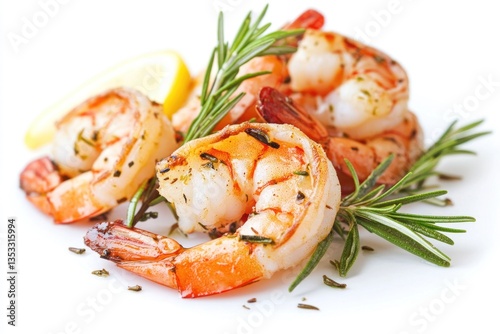 Roasted shrimp with rosemary and lemon on white background