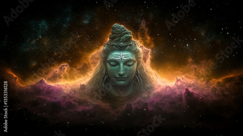 Serene Shiva  Cosmic Nebula Digital Art  Peaceful Deity  Spiritual Background