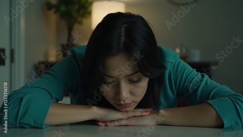 cinematic a woman with their eyes closed, slumped forward on a table. wearing a turquoise shirt and has dark hair