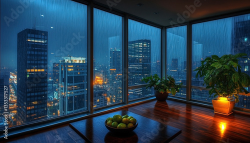 Rainy night in a modern apartment with floor-to-ceiling windows overlooking the city