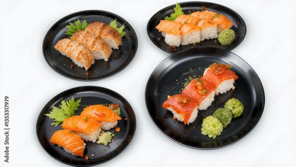 Assorted Sushi Platter Featuring Salmon and Garnishes Served on Black Plates Assorted Sushi Platter Featuring Salmon and Garnishes Served on Black Plates