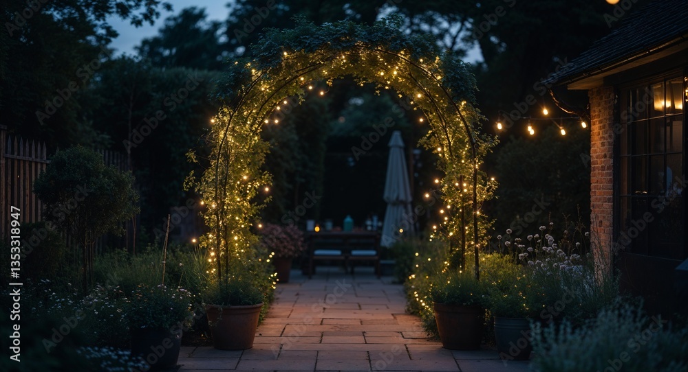 Fototapeta premium Garden archway with dim fairy lights on a dark evening