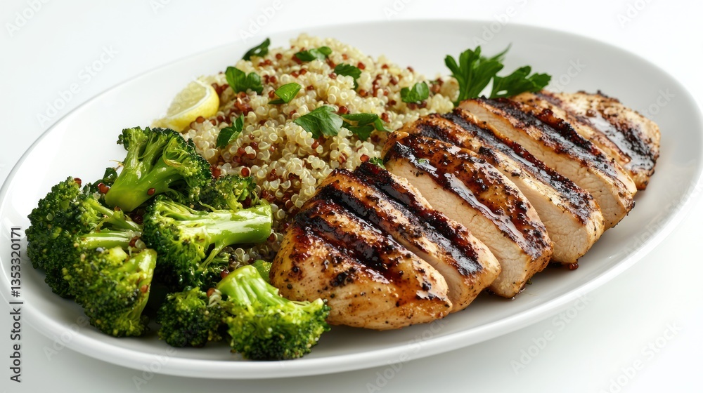 A plate of grilled chicken with steamed broccoli and quinoa, served on a clean white dish