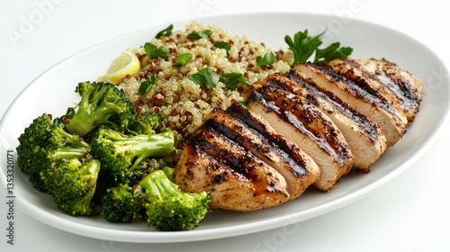 Obraz na płótnie A plate of grilled chicken with steamed broccoli and quinoa, served on a clean white dish w salonie