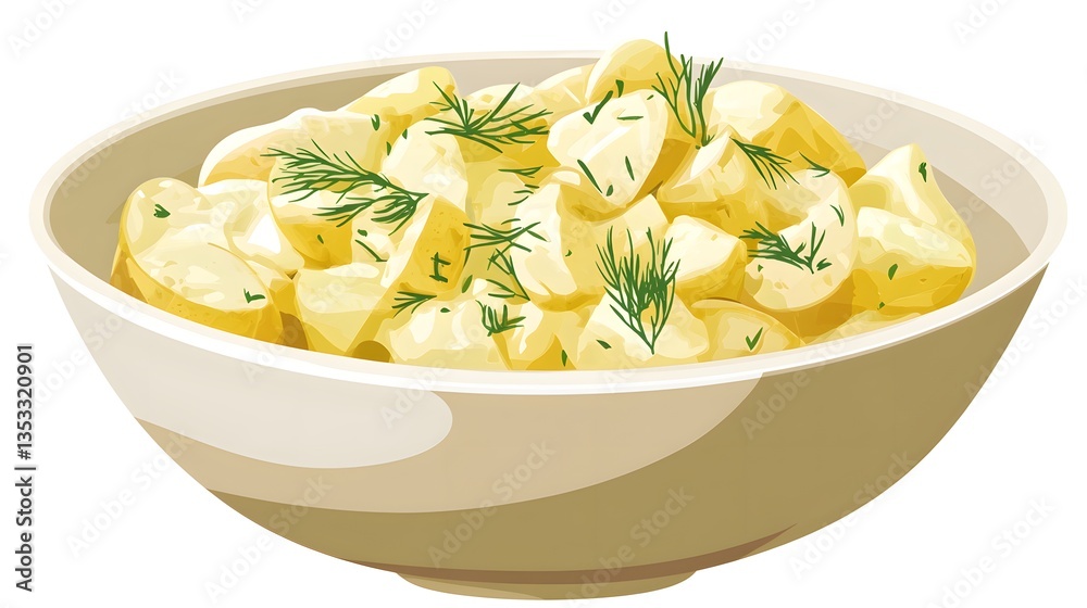 Delicious Potato Salad with Fresh Dill in Bowl Close-up Cartoon Image Delicious Potato Salad with Fresh Dill in Bowl Close-up Cartoon Image