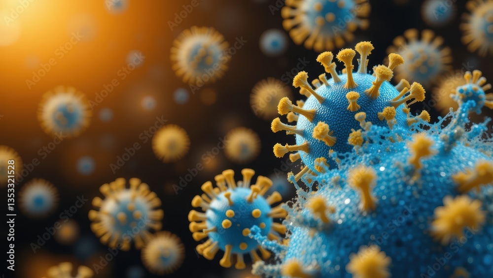 Detailed Visualization of Coronavirus Particles in a Dark Background with Glowing Highlights Detailed Visualization of Coronavirus Particles in a Dark Background with Glowing Highlights