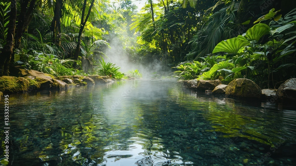 A serene hot spring surrounded by lush green nature, with steam rising from the water