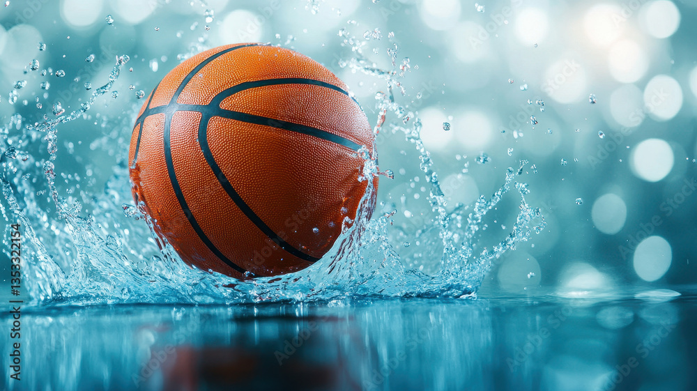 basketball splashes into water, creating dynamic droplets and ripples, set against blurred, shimmering background. scene captures excitement and energy of moment basketball splashes into water, creating dynamic droplets and ripples, set against blurred, shimmering background. scene captures excitement and energy of moment