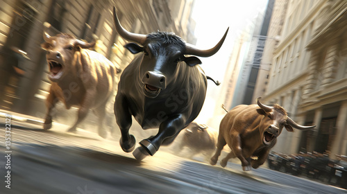 Black Bull Running with Cattle in Urban Wall Street Scene