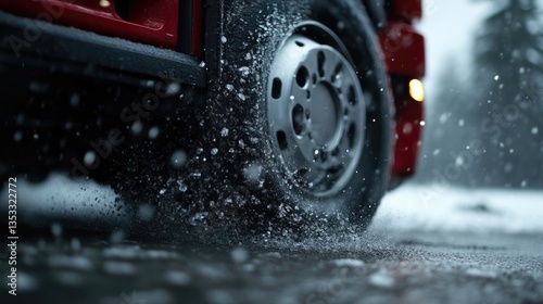 Heavy vehicle tire on snowy road.  Water and ice droplets on the tire and road surface.  Winter weather conditions