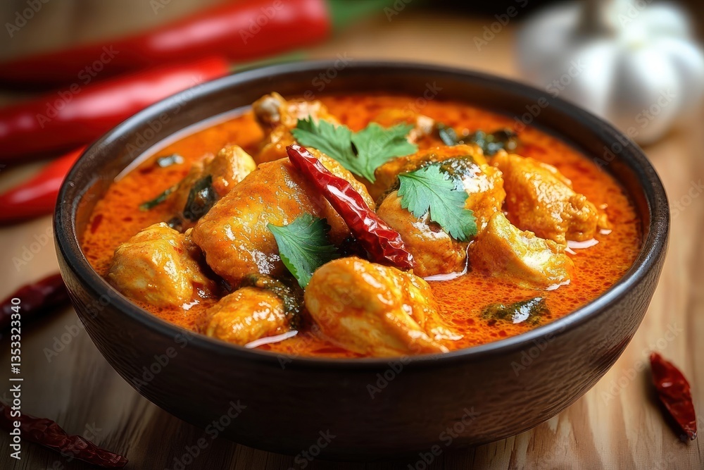Spicy Chicken Curry with Golden Red Gravy in Rustic Kitchen Setting Spicy Chicken Curry with Golden Red Gravy in Rustic Kitchen Setting