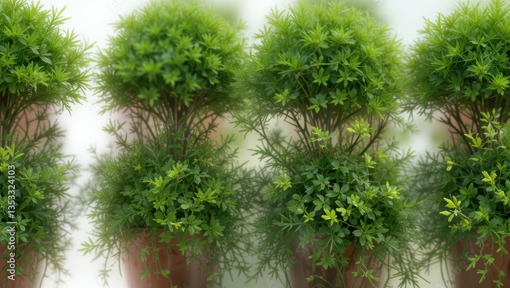 Group of Lush Green Potted Plants Creating a Natural Decorative Arrangement Outdoors Group of Lush Green Potted Plants Creating a Natural Decorative Arrangement Outdoors