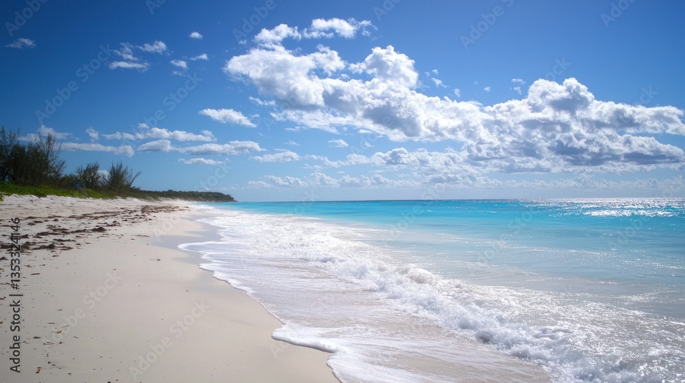 Fototapeta premium A tranquil beach scene with calm waves and the horizon blending into the distant sky