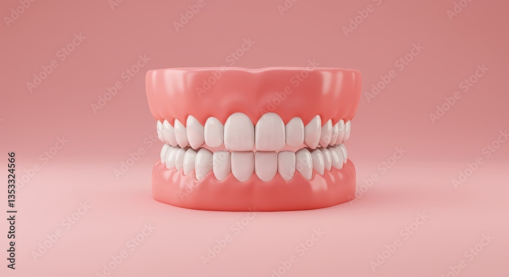 Obraz premium Dental model on a pink background with artificial gums and teeth rendering