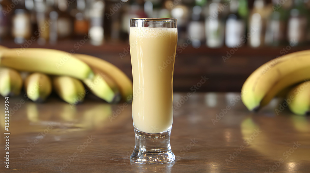 Refreshing banana smoothie served in a tall glass on bar counter Refreshing banana smoothie served in a tall glass on bar counter