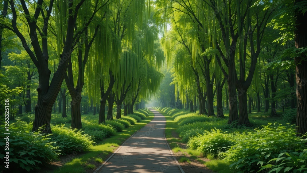 Fototapeta premium Lush Green Pathway Surrounded by Majestic Willows in a Sunlit Forest Setting