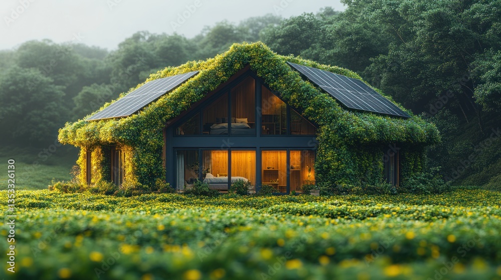 Fototapeta premium Eco-Friendly House nestled in lush greenery, powered by solar energy, a sustainable living concept