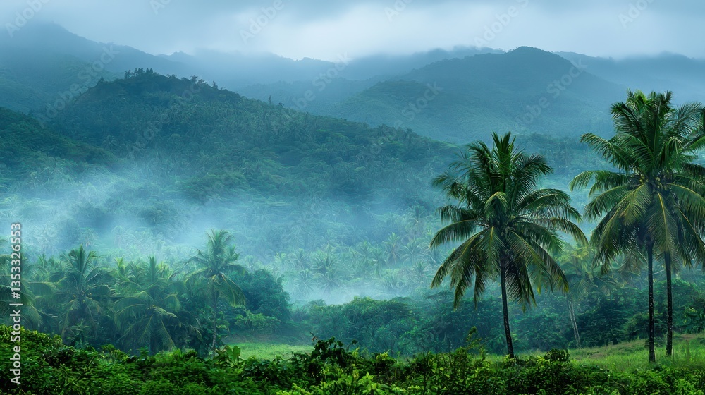 A tropical landscape with dense, humid air and lush greenery